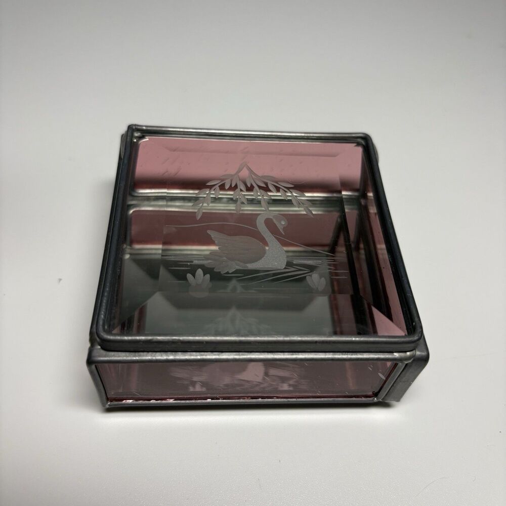Vintage Beveled Glass Trinket Jewelry Box Etched Swan Mirrored Pink